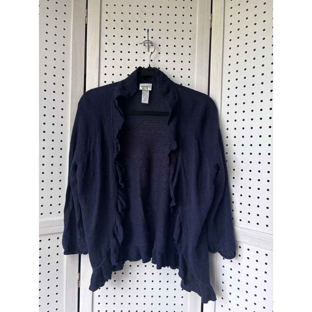 Chico's 2 Open Front Sweater Cardigan Linen‎ Cotton Navy Blue Women's Lg Ruffle